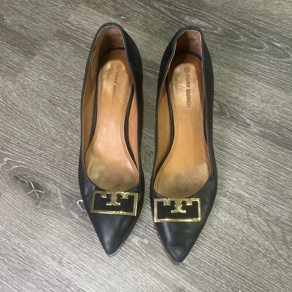Tory Burch Gigi Black Pointed Toe Heels with Gold Logo 8